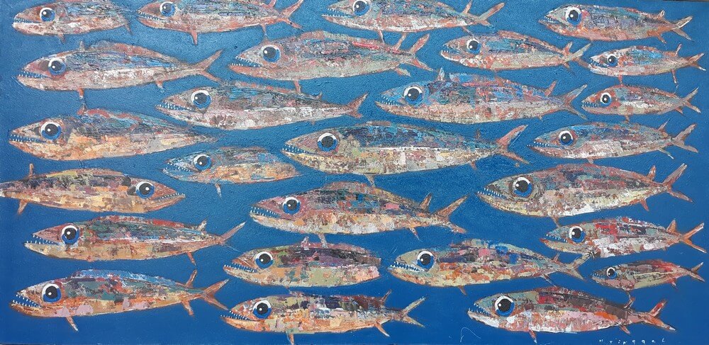 Peinture banc de poissons grand format 180x90 cm