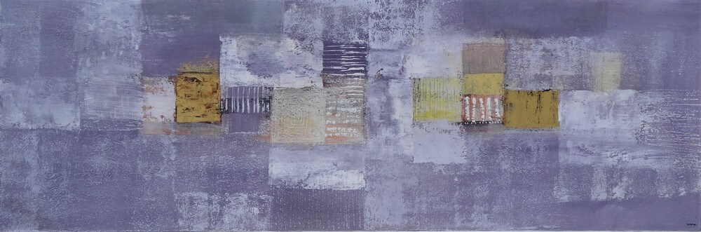 Tableau abstrait horizontal gris-violet-or 150x50 cm