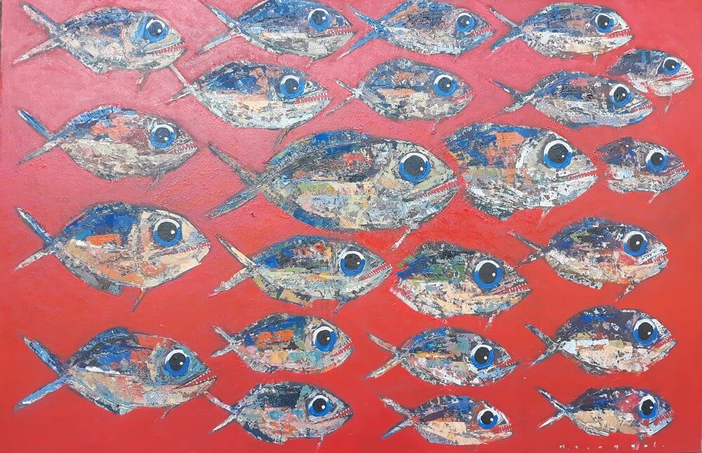 Tableau banc de poissons fond rouge 150x100 cm