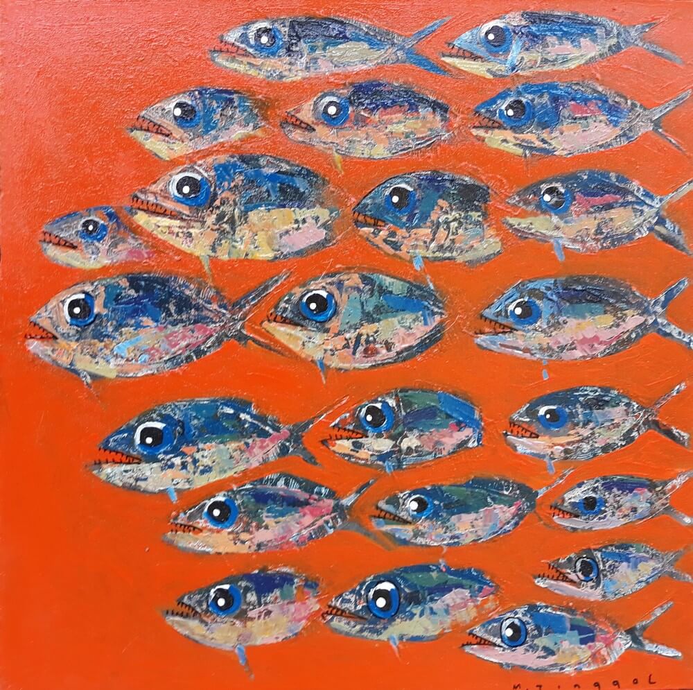 Tableau cuisine decoratif poissons fond orange 60x60 cm