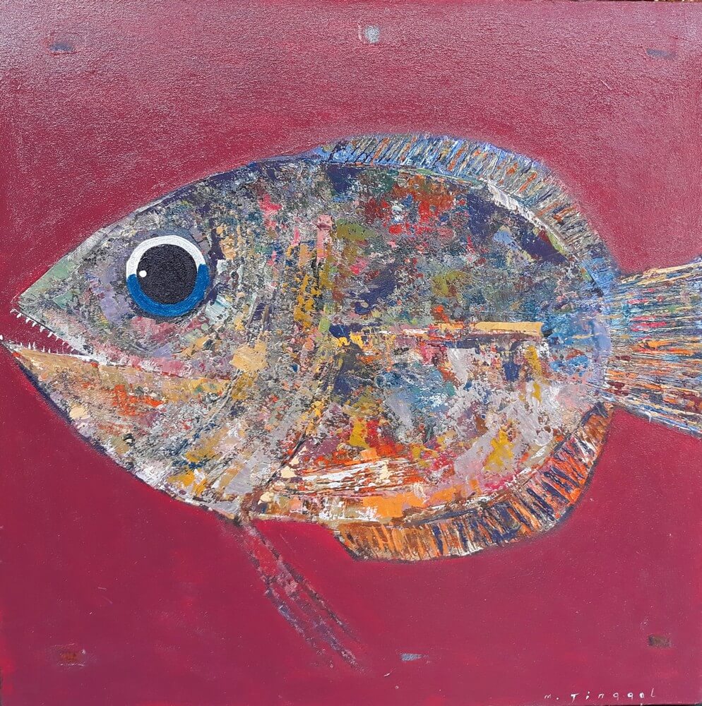 Tableau peinture gros poisson fond rouge bordeaux 80x80 cm