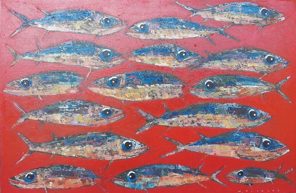 Tableau poissons regroupés fond rouge 120x80 cm
