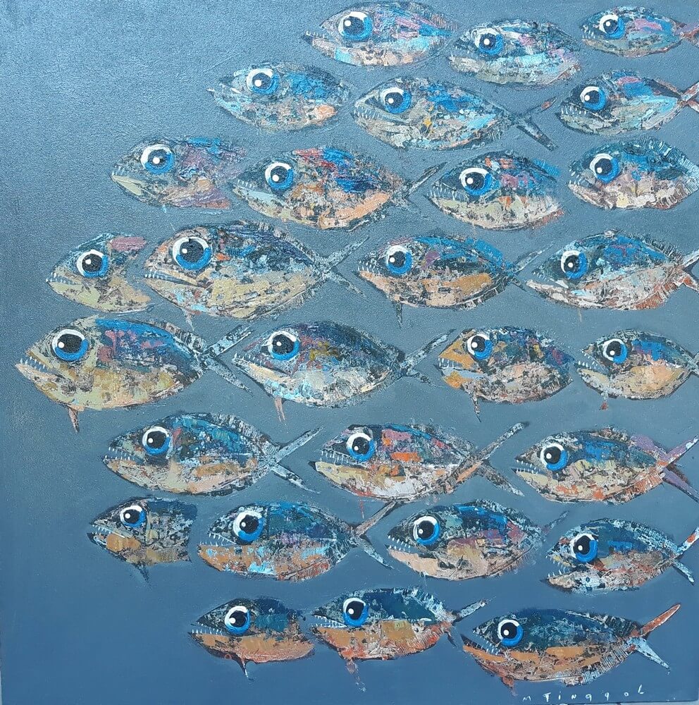 Toile sur cadre piranhas gris 90x90 cm