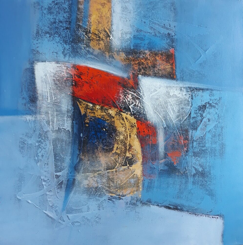 Tableau Bleu Abstrait Azur Original 80x80 Peintre Suarsa Bali