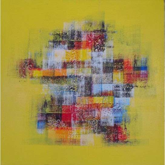 TABLEAU ABSTRAIT MOSAIQUE DE COULEURS FOND JAUNE- 60x60 cm