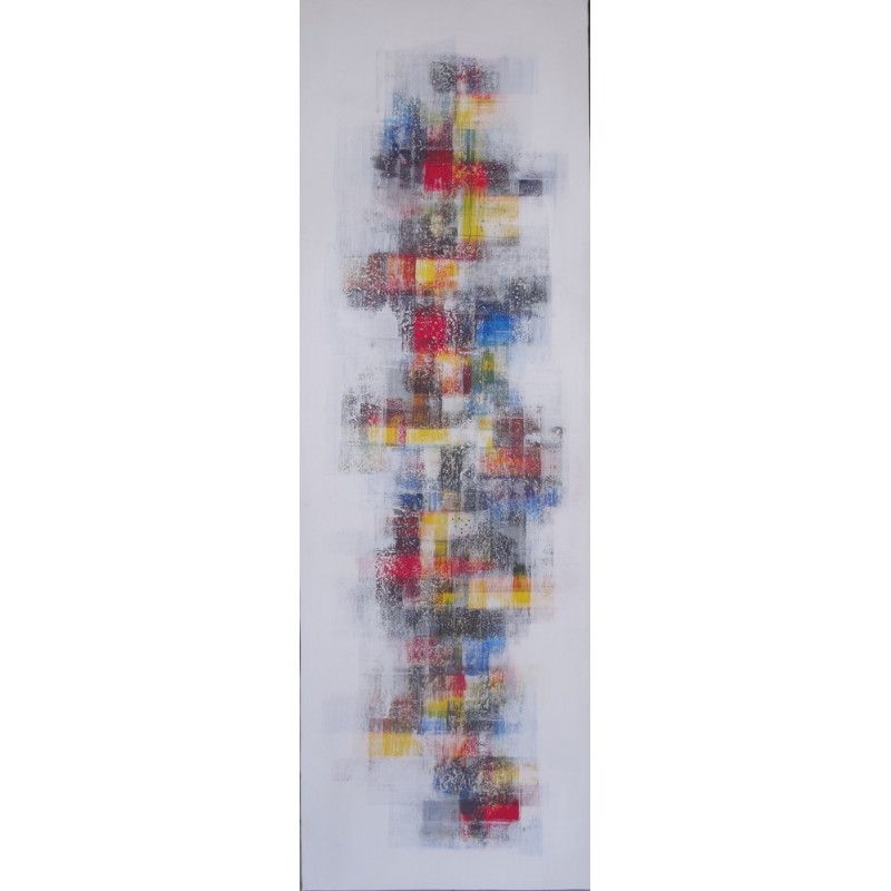 Tableau abstrait blanc et mosaïque de couleur, format vertical 50x150cm