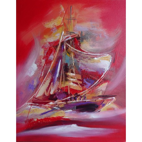 Peinture déco navire abstrait rouge - 70x55 cm