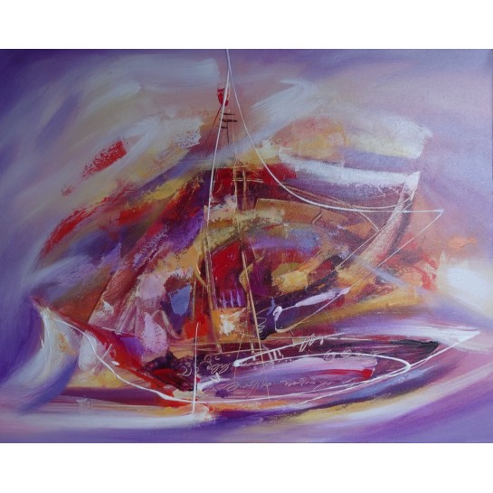 Peinture abstraite bateau sur fond mauve-violet - 100x80 cm