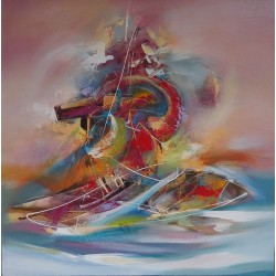 Peinture abstraite bateau sur fond rose saumon - 100x100 cm