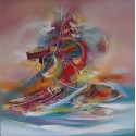 Peinture abstraite bateau sur fond rose saumon - 100x100 cm