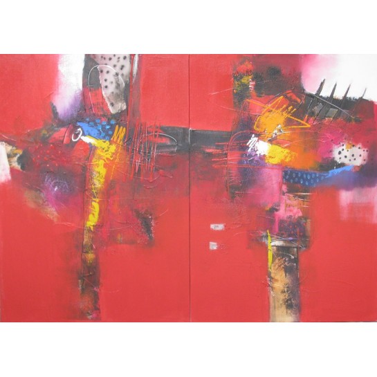 TABLEAU ABSTRAIT CONTEMPORAIN-DIPTYQUE A DOMINANTE ROUGE- 140x100 cm - Sumadi