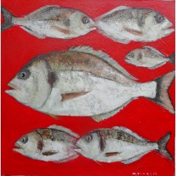 Tableau déco poissons Dorades sur fond rouge- 70x70 cm