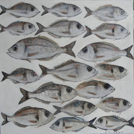 Peinture décorative banc de poissons sur fond blanc- 100x100 cm