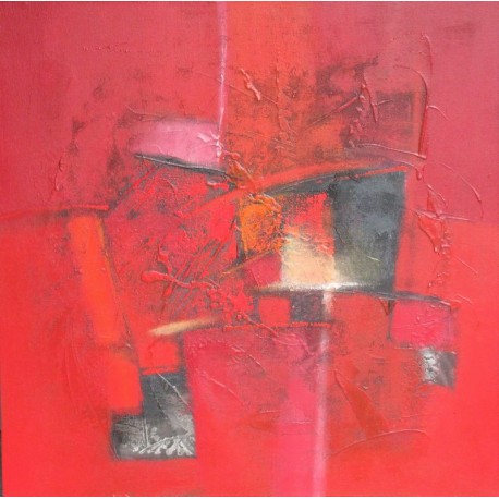 Tableau abstrait style contemporain à dominante rouge- 90x90 cm- Suwitra