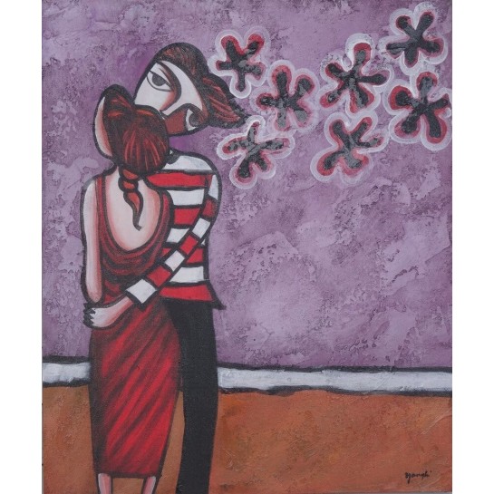 Peinture naïve ados amoureux - 50x60 cm