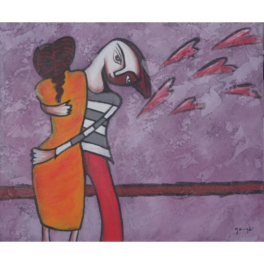 Tableau naïf ados amoureux - 50x60 cm