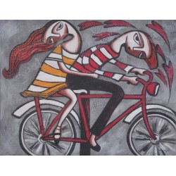 Tableau naïf 2 personnages sur un vélo 70x90 cm