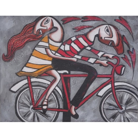 Tableau naïf jeunes sur un vélo - 70x90 cm