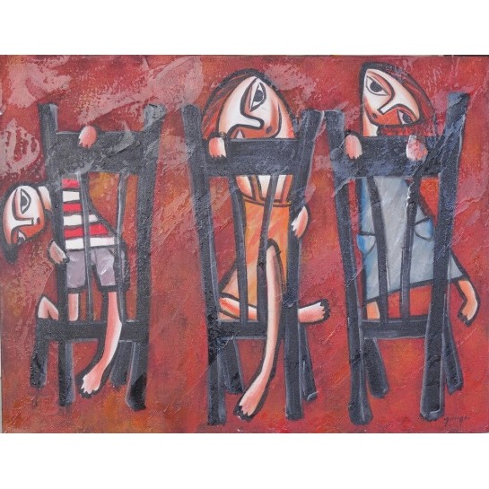 Tableau naïf enfants sur des chaises - 70x90 cm