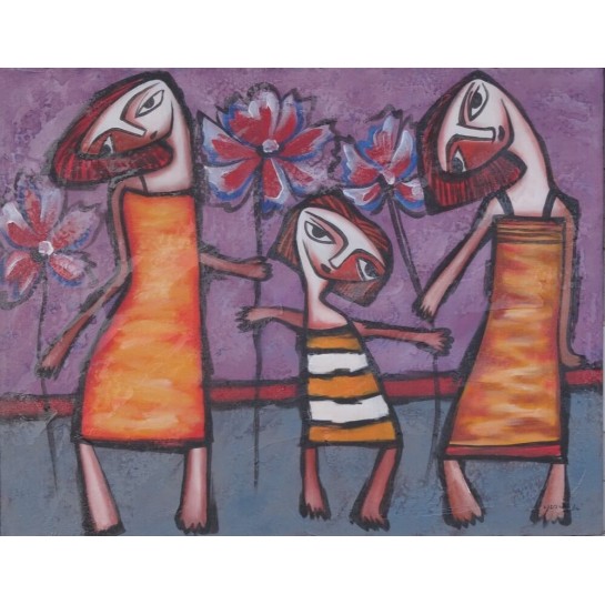 Tableau naïf fillettes avec des fleurs - 70x90 cm