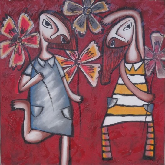 Peinture naïve fillettes avec des fleurs- 100x100 cm