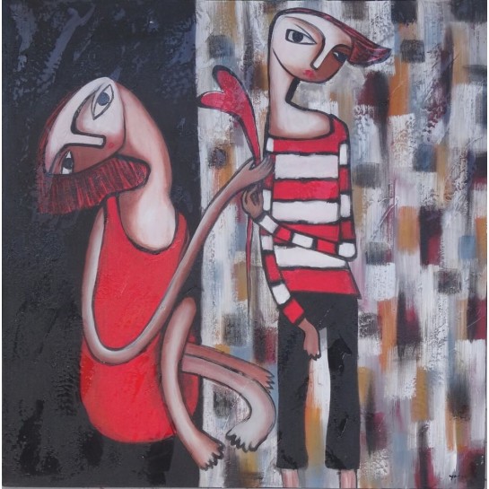 Peinture naïve ados flirtant- 100x100 cm