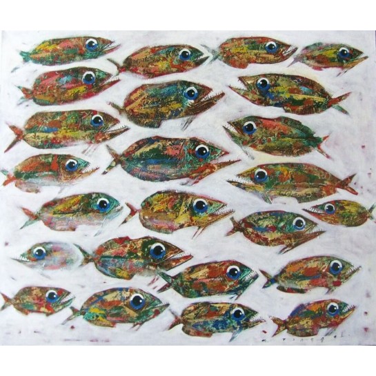 Tableau banc de poissons sur fond blanc- 120x100 cm