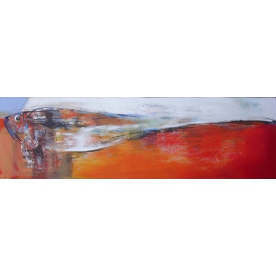 Tableau abstrait orange poisson - 200x60 cm