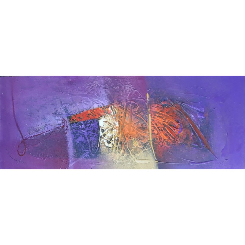 Tableau abstrait et moderne violet, touche de rouge et blanc 80x80cm