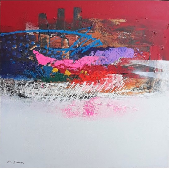 Tableau abstrait design et coloré dominante rouge blanc 90x90 cm