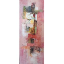 Grande toile abstraite verticale rose pastel 100x40 cm