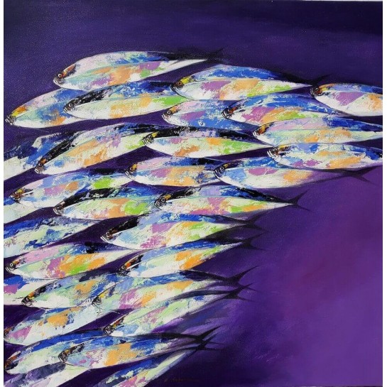 Tableau décoratif violet poissons 100x100 cm