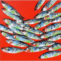 Tableau décoratif orange poissons 90x90 cm