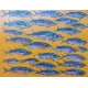 Grand tableau poissons longs et fins, fond jaune 130x100 cm