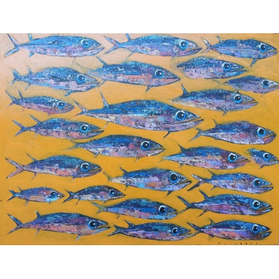 Tableau poissons allongés fond jaune 130x100 cm