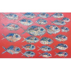 Tableau banc de poissons piranhas fond rouge 150x100 cm