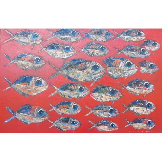 Tableau banc de poissons fond rouge 150x100 cm