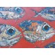Tableau banc de poissons piranhas fond rouge 150x100 cm