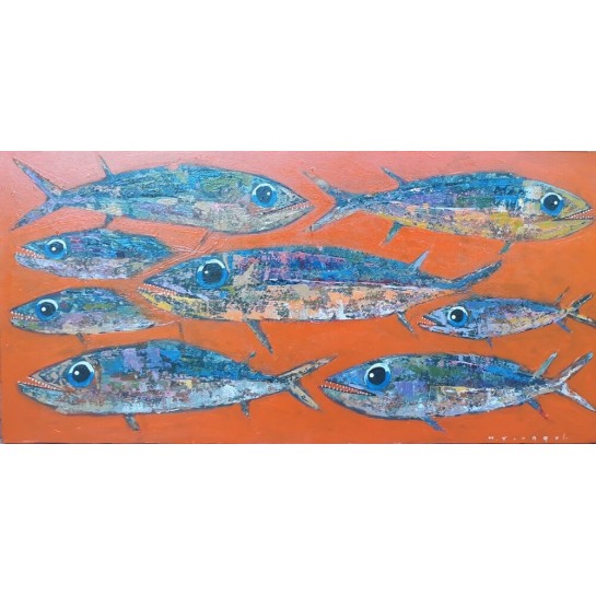 Toile orange avec poissons 120x60 cm