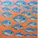 Toile sur cadre orange et poissons 100x100 cm