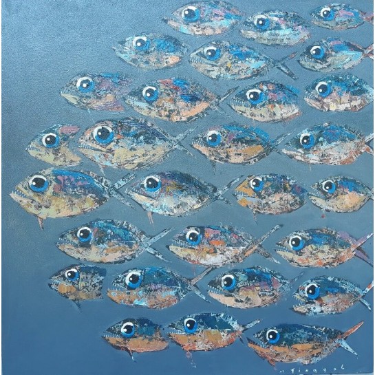 Toile sur cadre piranhas à dominante grise 90x90 cm