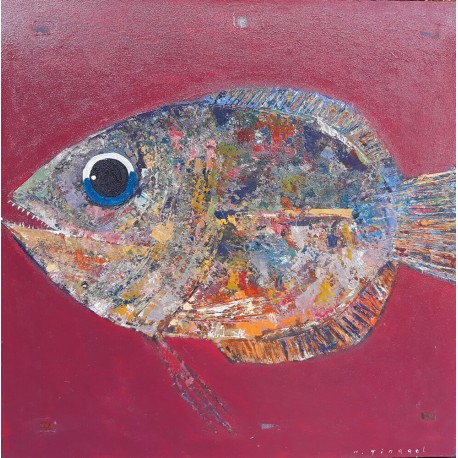 Tableau peinture gros poisson fond rouge bordeaux 80x80 cm