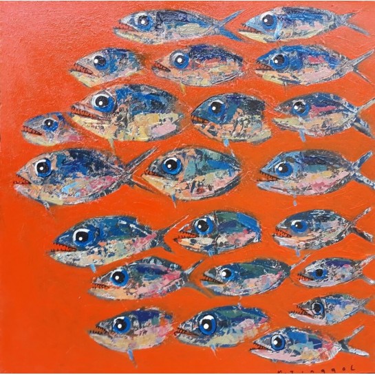 Tableau cuisine décoratif poissons fond orange 60x60 cm