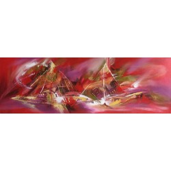 Cadre deco horizontal bateaux abstraits fond rouge 150x50 cm