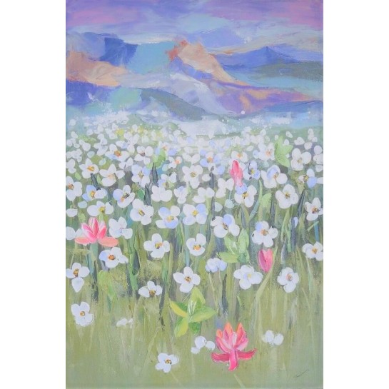 Fleurs et montagnes-Tableau déco murale vertical -120x80 cm