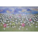 Montagnes et champ fleuri- Tableau contemporain 150x100 cm