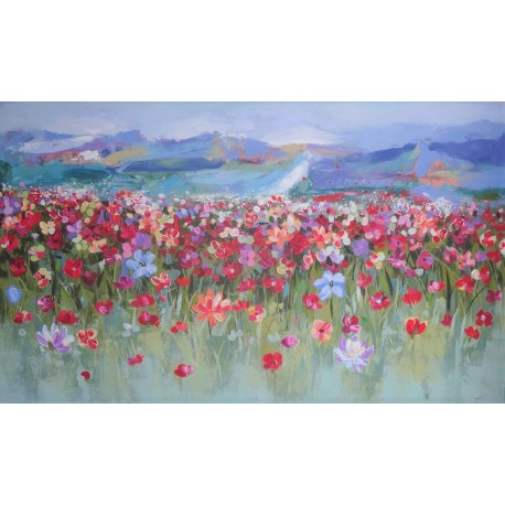 Montagnes alpestres et champ fleuri- Tableau très grand format horizontal 200x120 cm