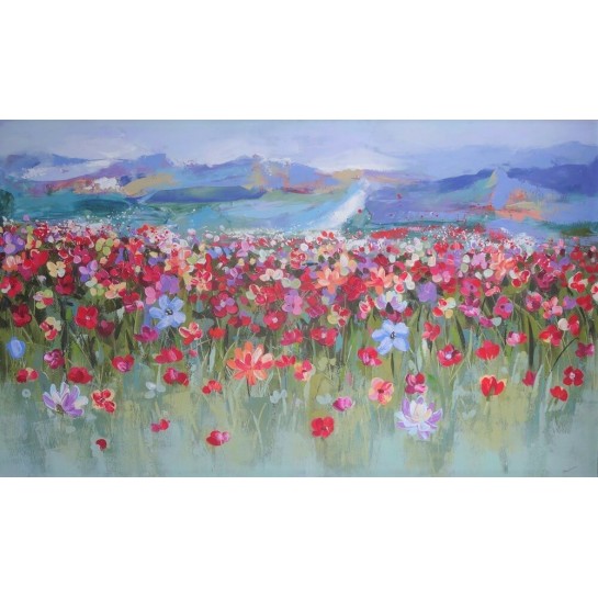 Montagnes alpestres et champ fleuri- Tableau très grand format horizontal 200x120 cm