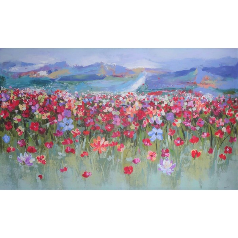 Peinture paysage montagne et fleurs très grand format 200x120 cm