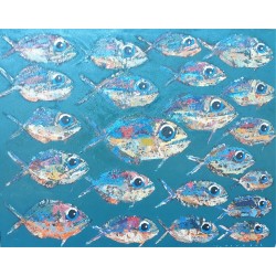 Peinture décorative poissons fond vert foncé 100x80 cm
